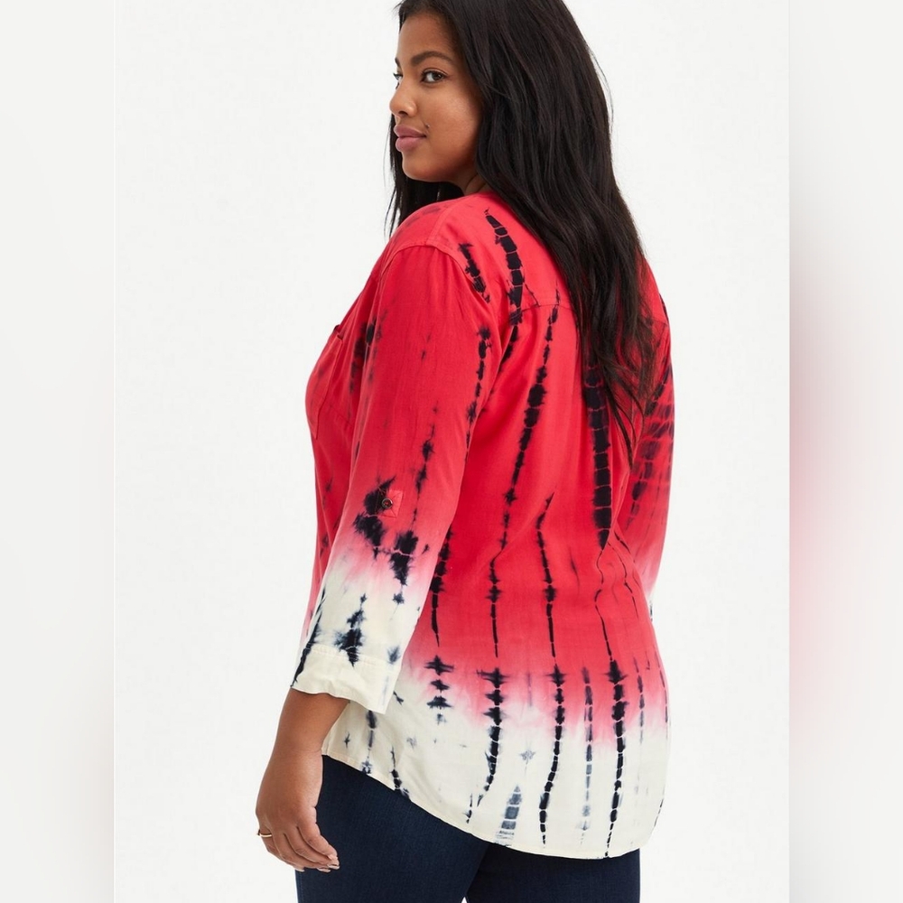 Torrid - Harper Challis - 3/4 Sleeve Tie Dye Shirt - Est. 2X/3X - Red - Picture 2 of 7